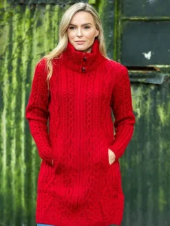 New Sweater Shop Womens Long Fitted Aran Coat - Red
