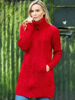 New Sweater Shop Womens Long Fitted Aran Coat - Red