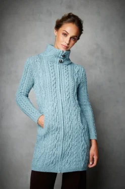 Online Sweater Shop Womens Long Fitted Aran Coat - Aqua
