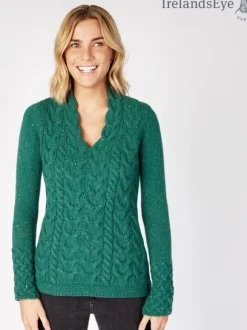 Online Sweater Shop Wool and Cashmere Cable v Neck Sweater - Green Garden