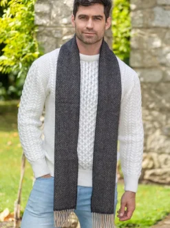 Online Sweater Shop Wool and Cashmere Herringbone Scarf Charcoal / Beige 2410