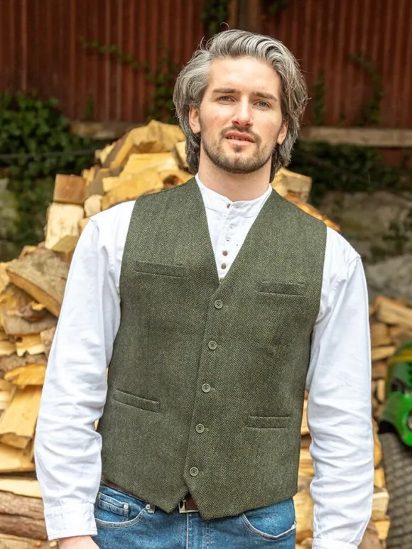 Fashion Sweater Shop Wool Blend Lined Waistcoat Olive Herringbone