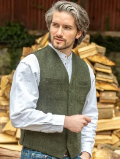 Fashion Sweater Shop Wool Blend Lined Waistcoat Olive Herringbone