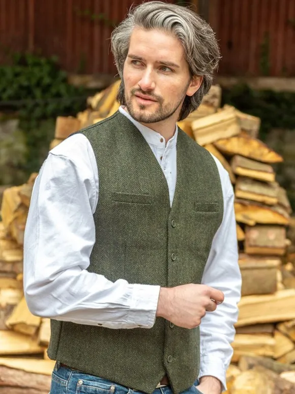 Fashion Sweater Shop Wool Blend Lined Waistcoat Olive Herringbone