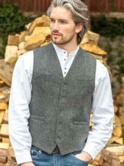 Fashion Sweater Shop Wool Blend Lined Waistcoat Grey Herringbone