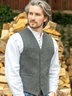 Fashion Sweater Shop Wool Blend Lined Waistcoat Grey Herringbone