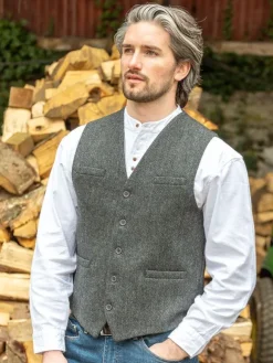 Fashion Sweater Shop Wool Blend Lined Waistcoat Grey Herringbone
